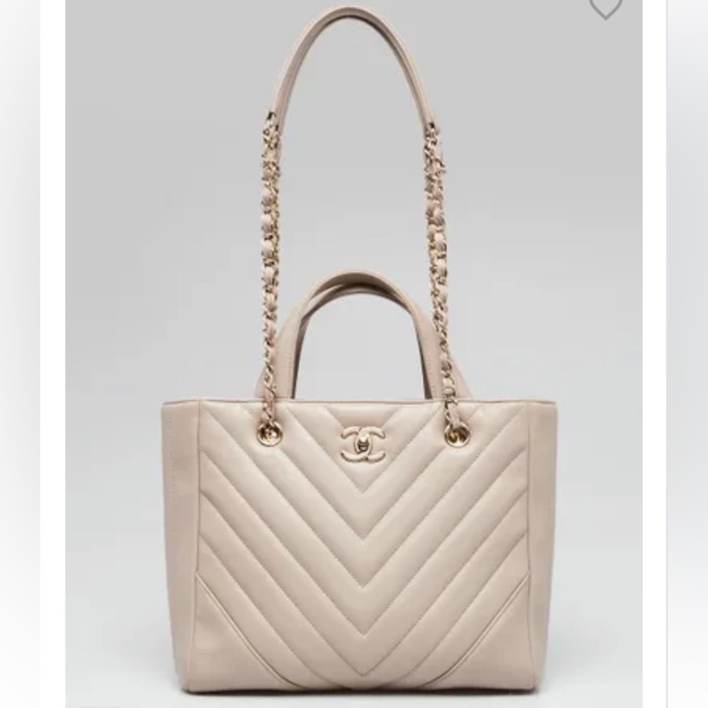 CHANEL Taupe CC Lambskin Chevron Quilted Leather Chain Statement Shopper Tote - Picture 15 of 15
